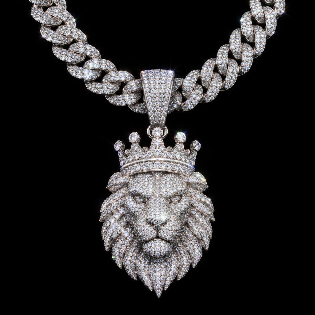 Iced-out diamond lion pendant on cuban link chain