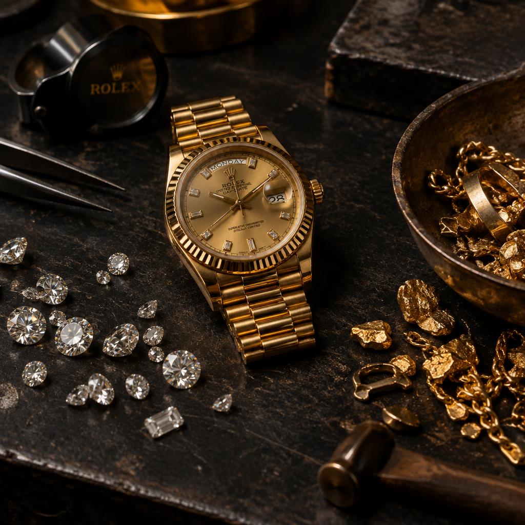 Gold Rolex, loose diamonds and scrap gold on a bench
